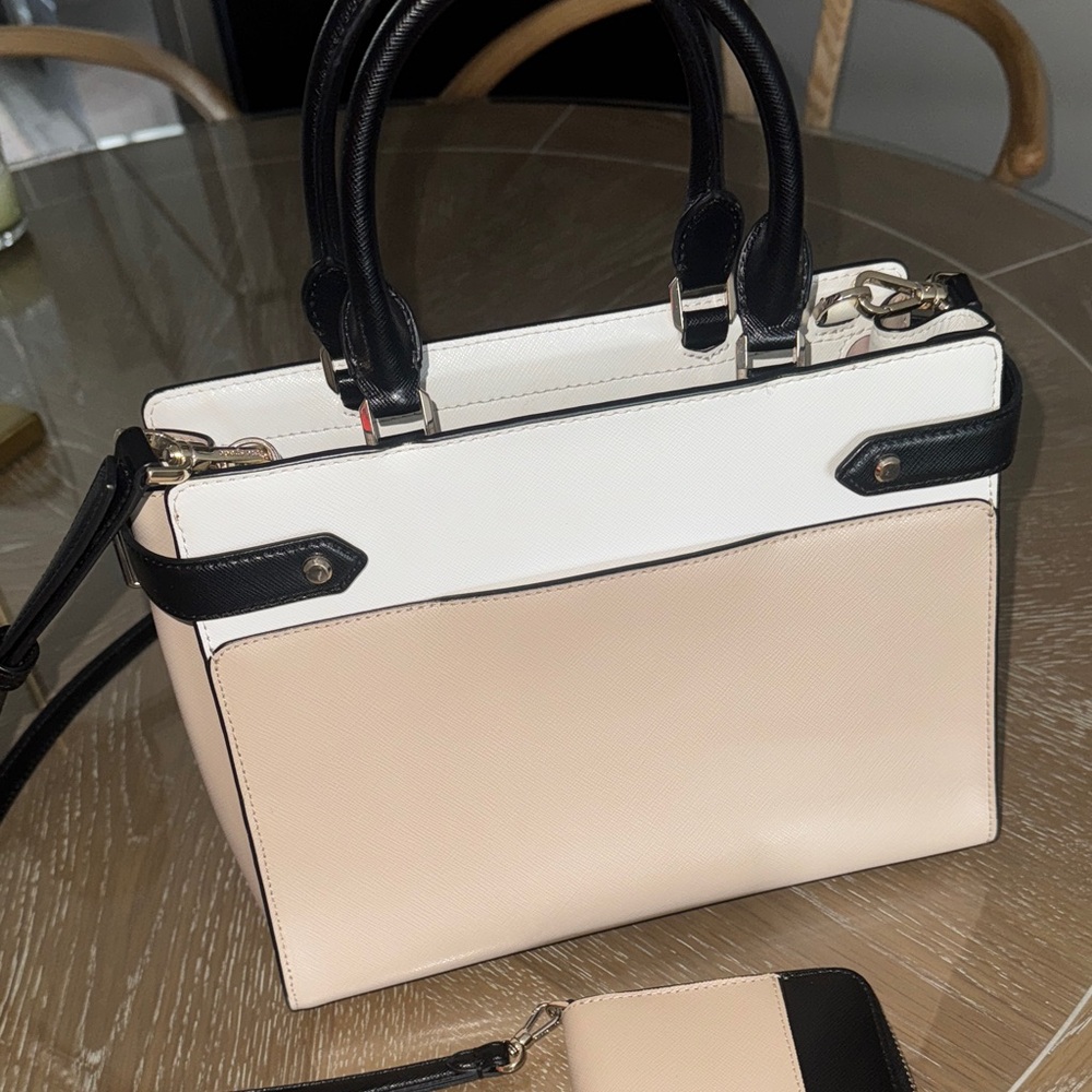 Kate Spade Black White Tan Leather Satchel Purse with Wallet - Picture 8 of 9